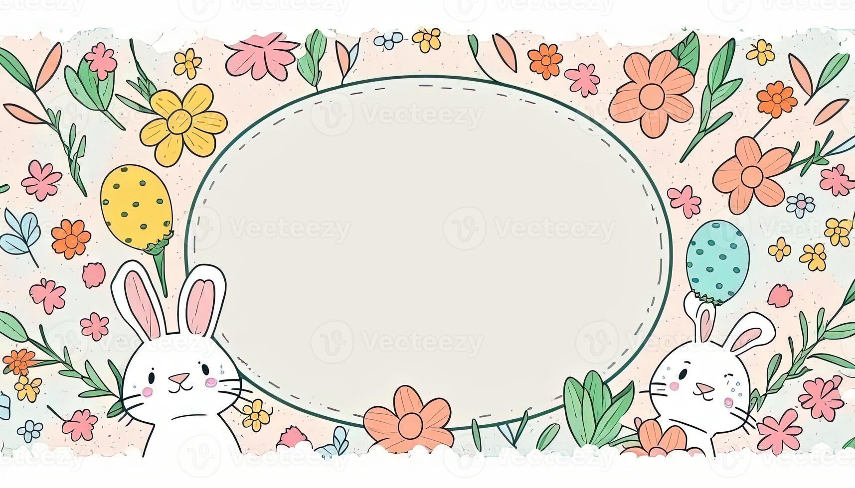 gelukkig Pasen groet kaart in tekening vlak stijl met ei en minimalistisch vlak kleur bloemen. leeg ruimte voor uw groet tekst. generatief ai. foto