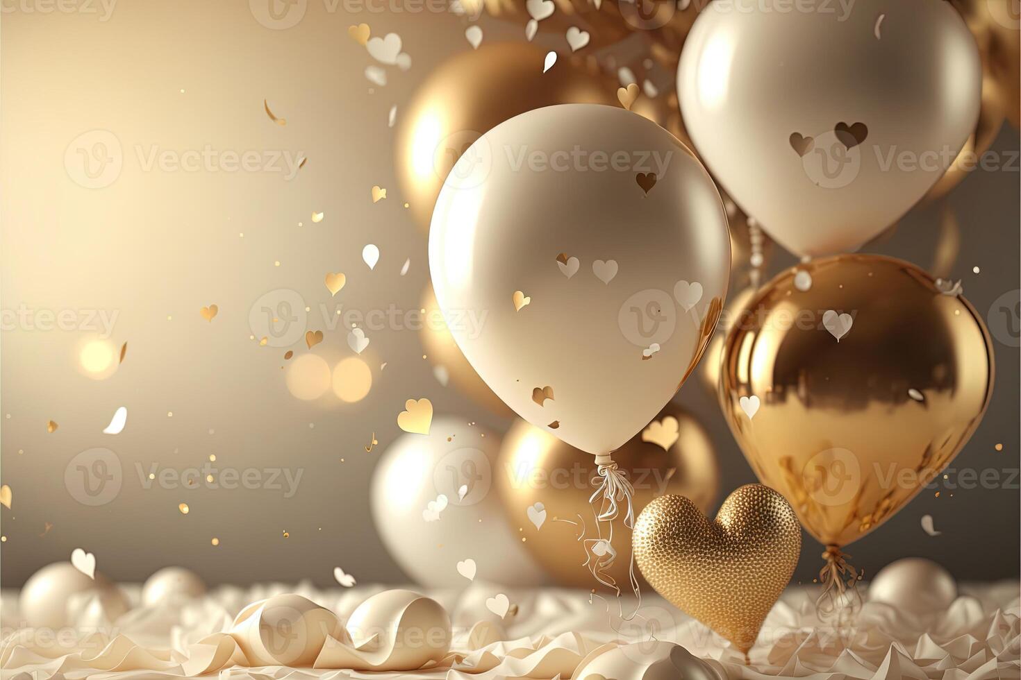 romantisch achtergrond met gouden ballonnen in de het formulier van harten, confetti. groet kaart voor heilige Valentijn of verjaardag. generatief ai foto