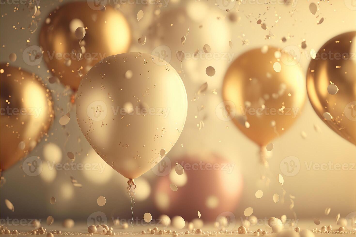 feestelijk luxe achtergrond met gouden opblaasbaar ballonnen, confetti, wazig achtergrond met bokeh effect. generatief ai foto