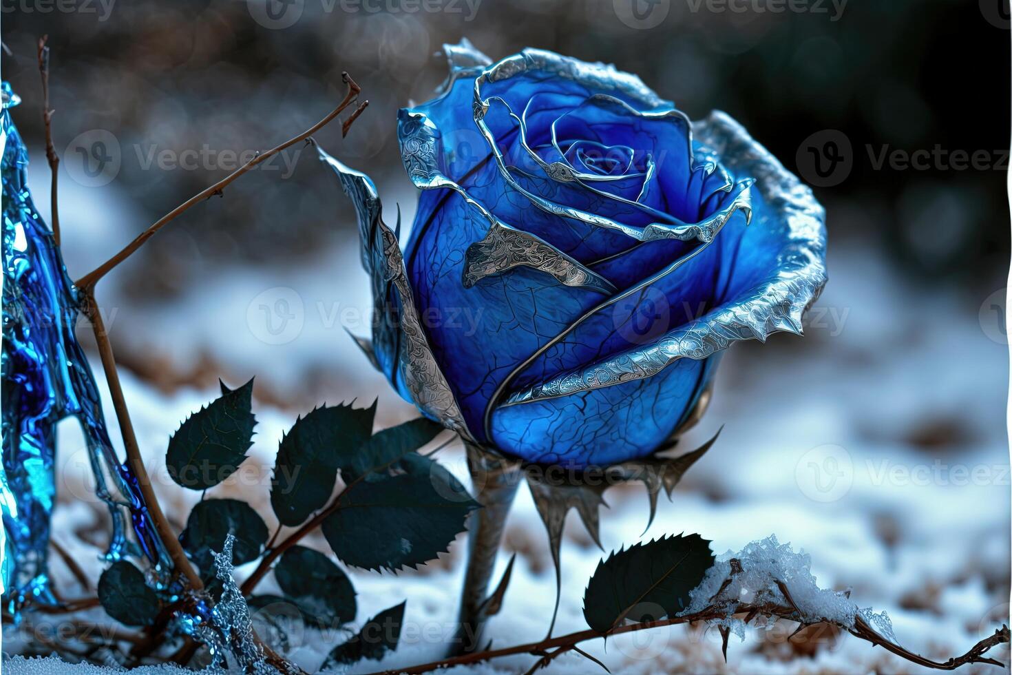bevroren magie blauw roos in de sneeuw romantisch achtergrond. foto