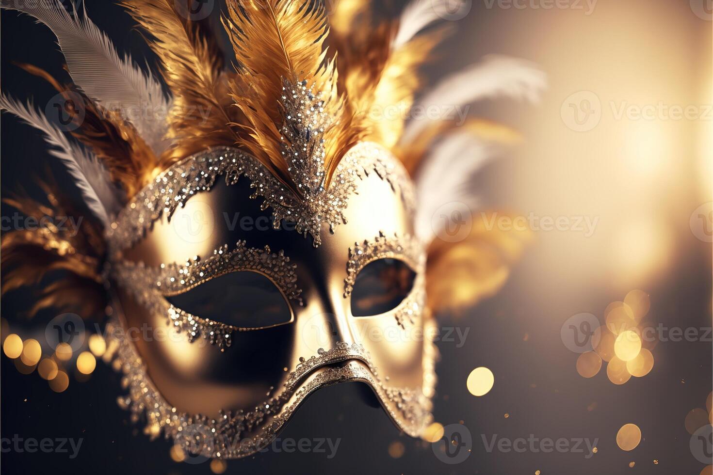 realistisch luxe carnaval masker met geel veren. abstract wazig achtergrond, goud stof, en licht Effecten. generatief ai foto