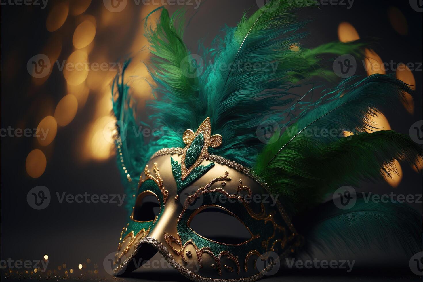 realistisch luxe carnaval masker met groen veren. abstract wazig groen achtergrond, goud stof, en licht Effecten. generatief ai. foto