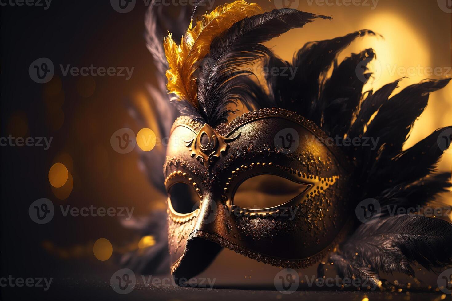 realistisch luxe carnaval masker met geel veren. abstract wazig achtergrond, goud stof, en licht Effecten. generatief ai foto