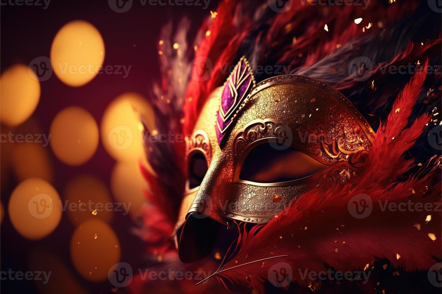 realistisch luxe carnaval masker rood feestelijk achtergrond.. abstract wazig achtergrond, goud stof, en licht Effecten. generatief ai foto