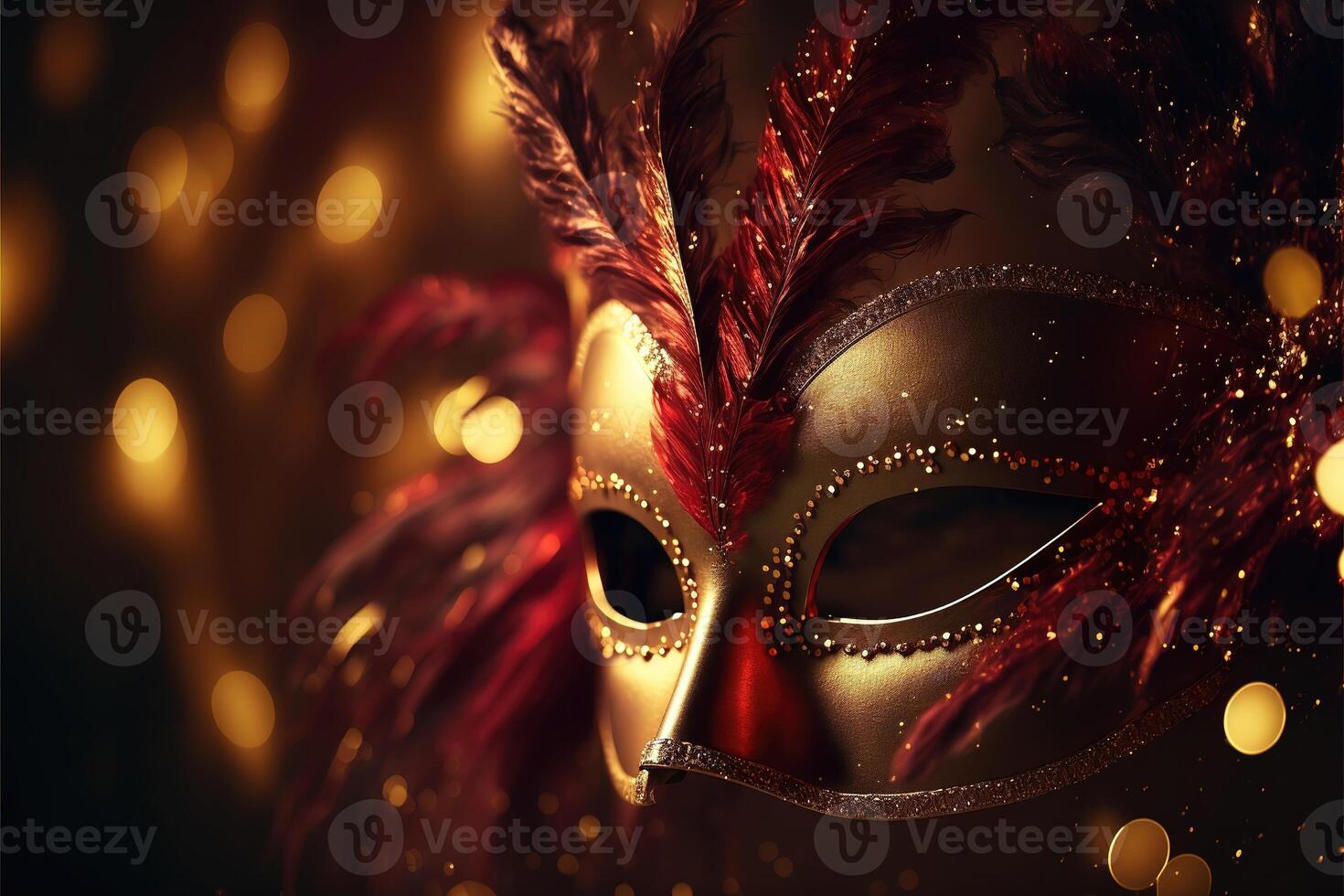 realistisch luxe carnaval masker rood feestelijk achtergrond.. abstract wazig achtergrond, goud stof, en licht Effecten. generatief ai foto