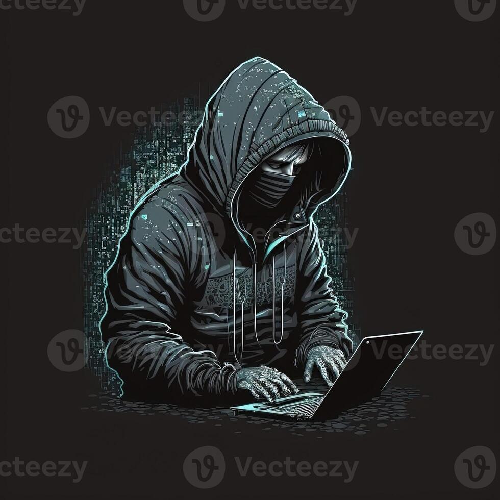met een kap hacker met laptop Bij werk. symbool van de darknet en onwettig activiteiten Aan de internetten. generatief ai foto