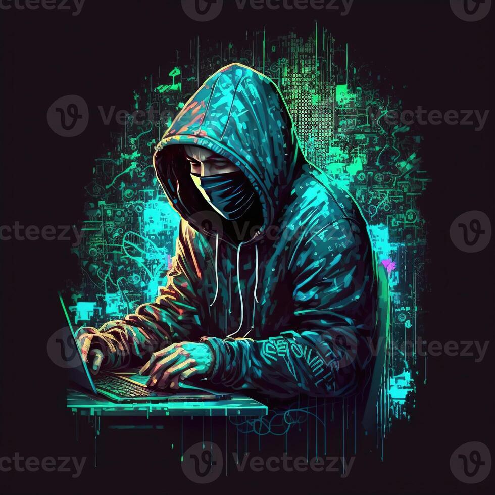 met een kap hacker met laptop Bij werk. symbool van de darknet en onwettig activiteiten Aan de internetten. generatief ai foto