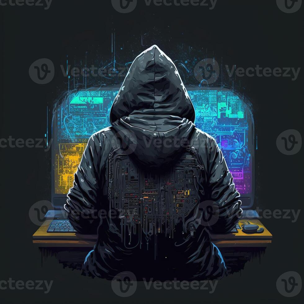 met een kap hacker met laptop Bij werk. symbool van de darknet en onwettig activiteiten Aan de internetten. generatief ai foto