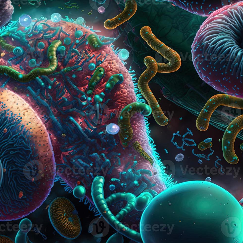 abstract achtergrond bacterie en virussen. 3d illustratie. wetenschappelijk microkosmos achtergrond. realistisch illustratie. ai veroorzaken. foto