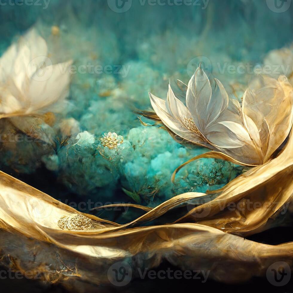 delicaat fantastisch turkoois luxe achtergrond met magie bloemen juwelen en licht Effecten. 3d illustratie. ai gegenereerd foto