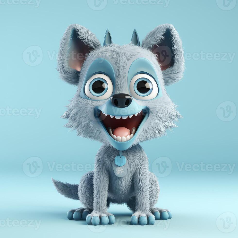 realistisch 3d renderen van een Vrolijk, pluizig en schattig wolf glimlachen met groot ogen op zoek Rechtdoor Bij jij. gemaakt met generatief ai foto