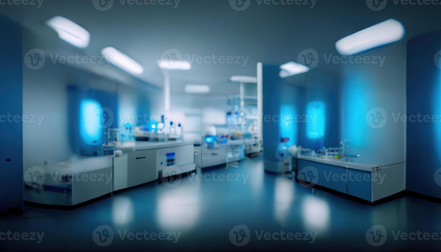 abstract wetenschappelijk medisch interieur wazig achtergrond. blauw licht. medisch Onderzoek concept. ai veroorzaken. foto