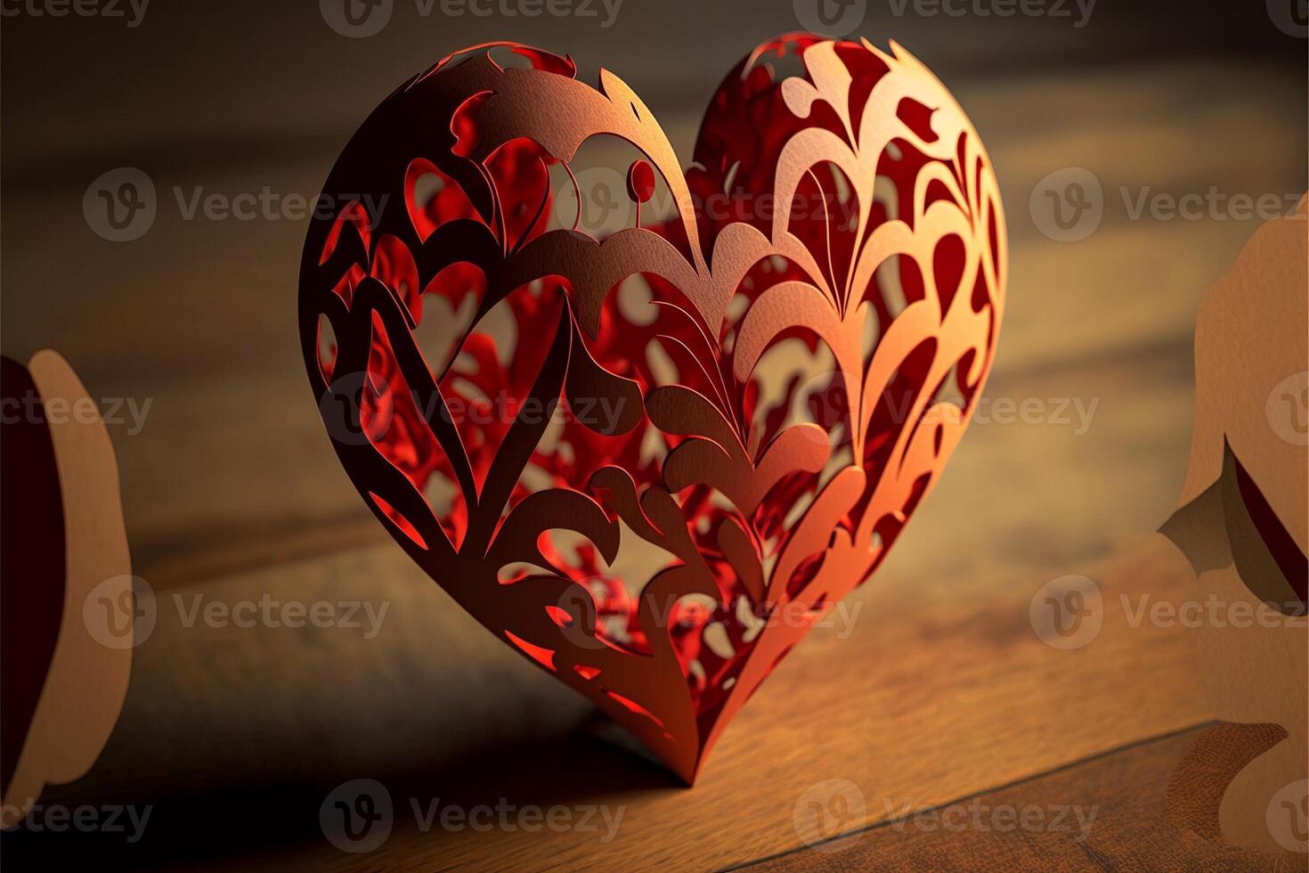 decoratie in de vorm van een rood hart, besnoeiing uit, Aan een houten tafel, Valentijnsdag dag. generatief ai foto