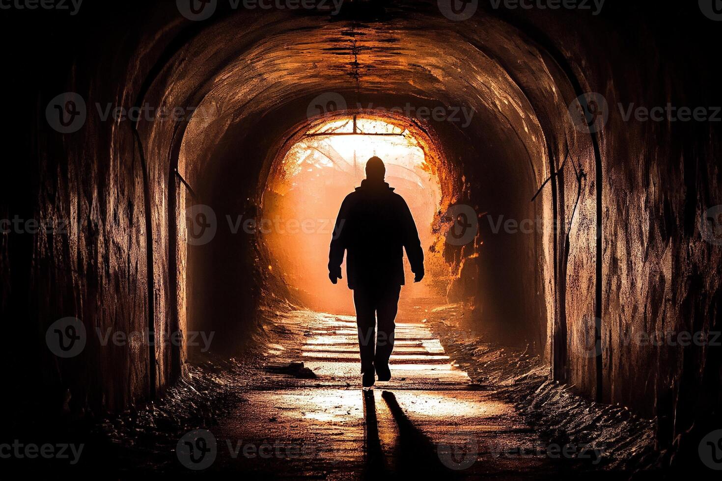 de verlicht silhouet van een man's reis door een donker tunnel. generatief ai. digitaal kunst illustratie foto