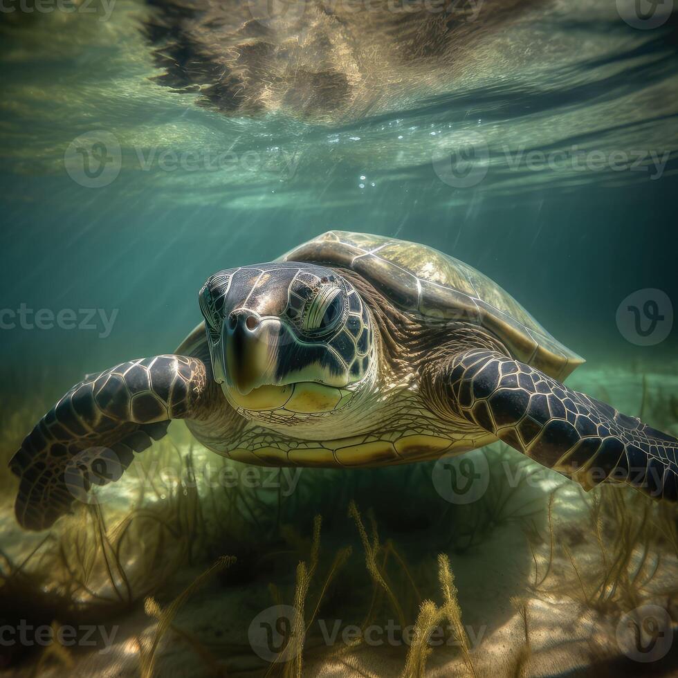 groen schildpad in de blauw op zoek Bij mij. gemaakt met generatief ai. foto