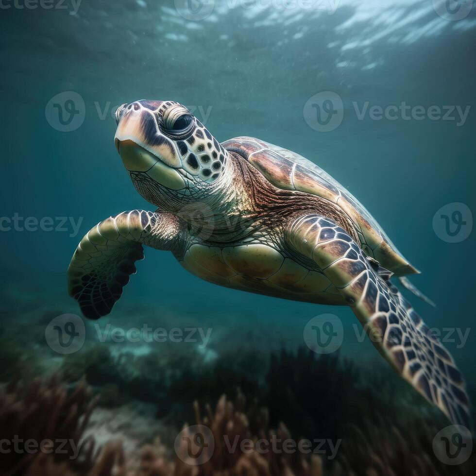 groen schildpad in de blauw op zoek Bij mij. gemaakt met generatief ai. foto