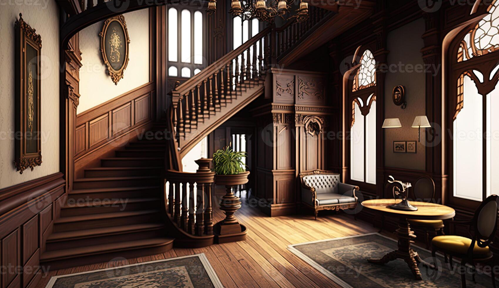 donker gotisch herenhuis hal in Victoriaans stijl interieur met trappenhuis en lamp houders. generatief ai foto