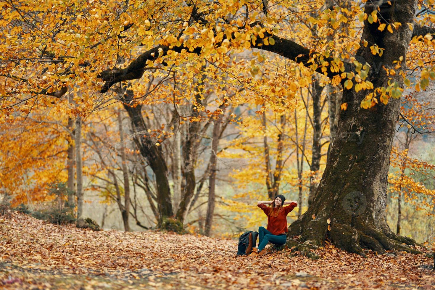 vrouw in herfst Woud zittend onder een boom landschap geel bladeren model- foto