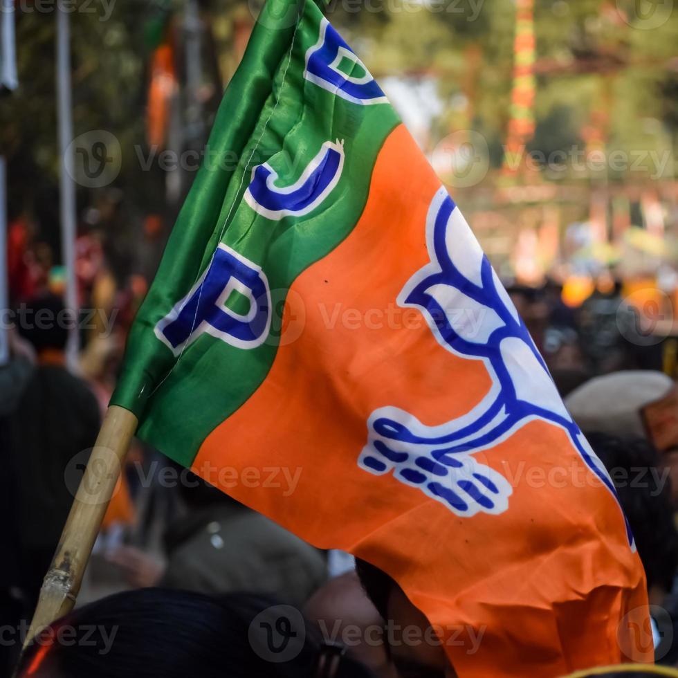 bharatiya janate partij vlag van Indisch politiek partij, bjp bhartiya jata partij vlag golvend gedurende p.m weg tonen in Delhi, Indië foto