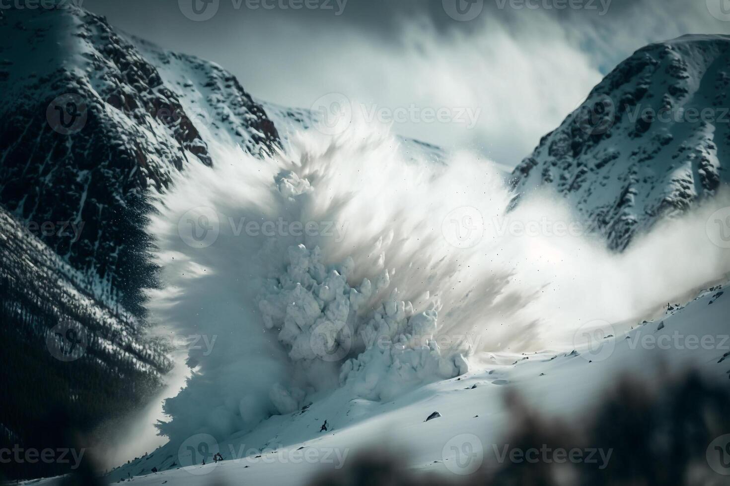 sneeuw lawine komt eraan naar beneden de berg generatief ai foto