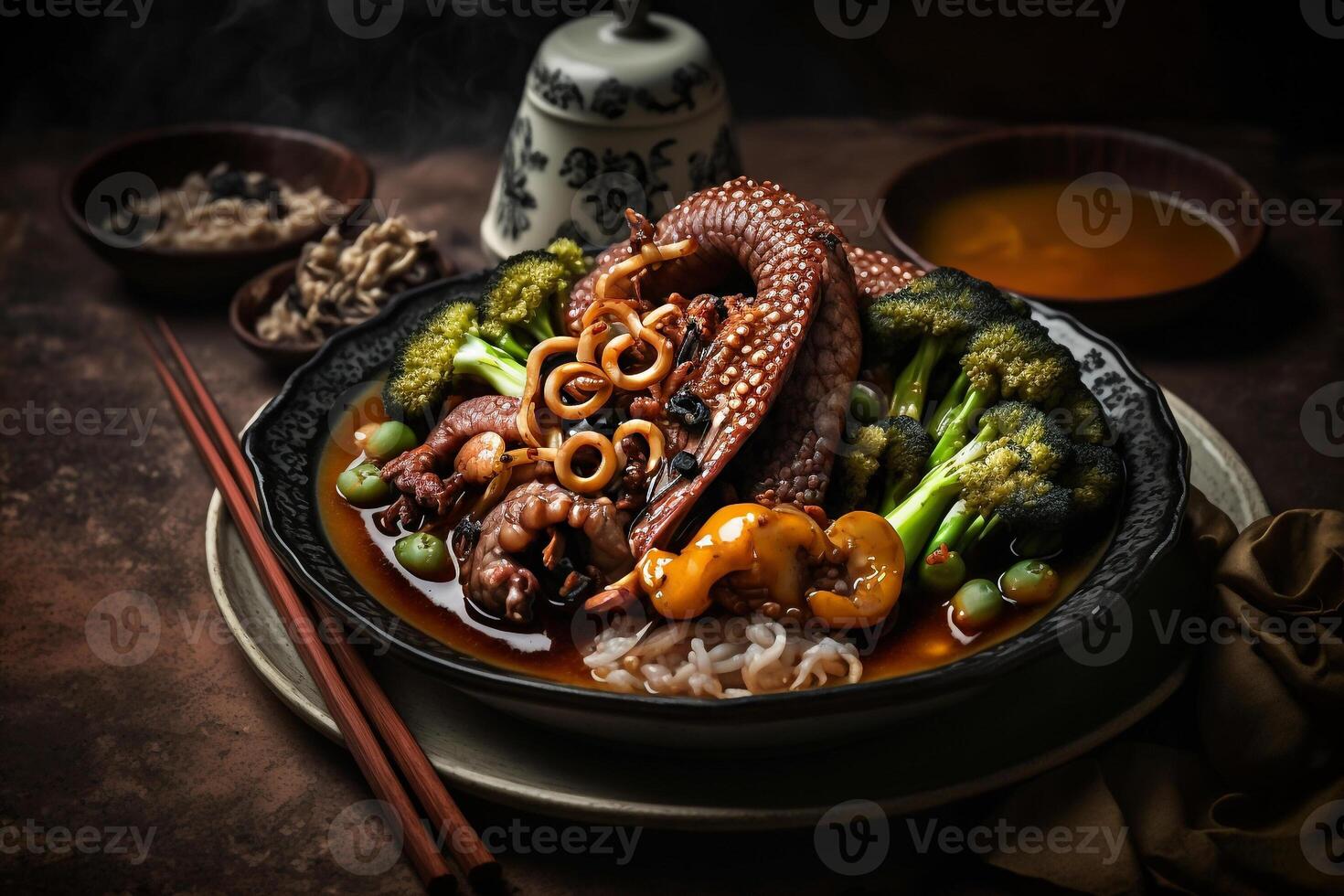 schotel met Octopus in saus Chinese voedsel in een bord illustratie generatief ai foto
