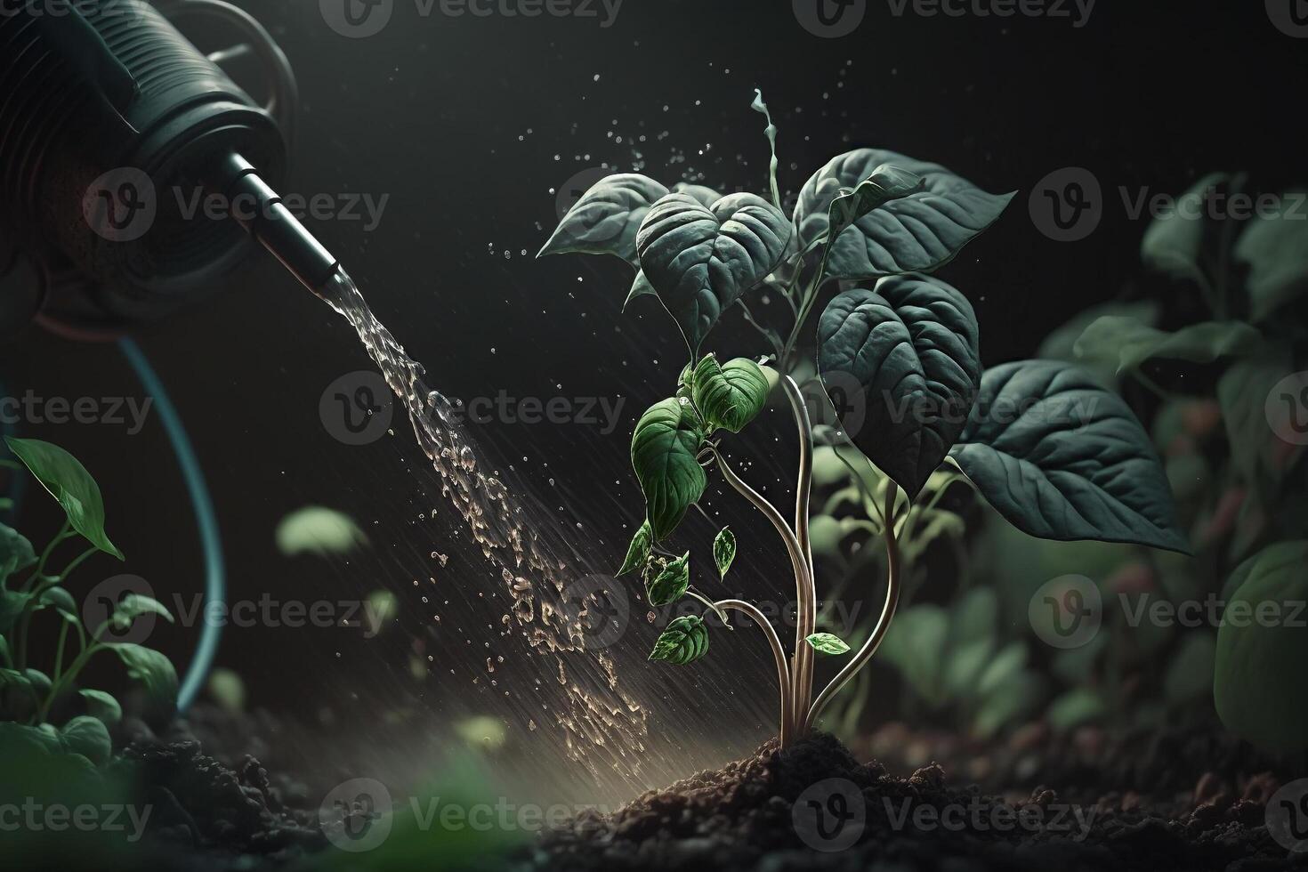 gieter slang voedt planten met een water stroom generatief ai foto
