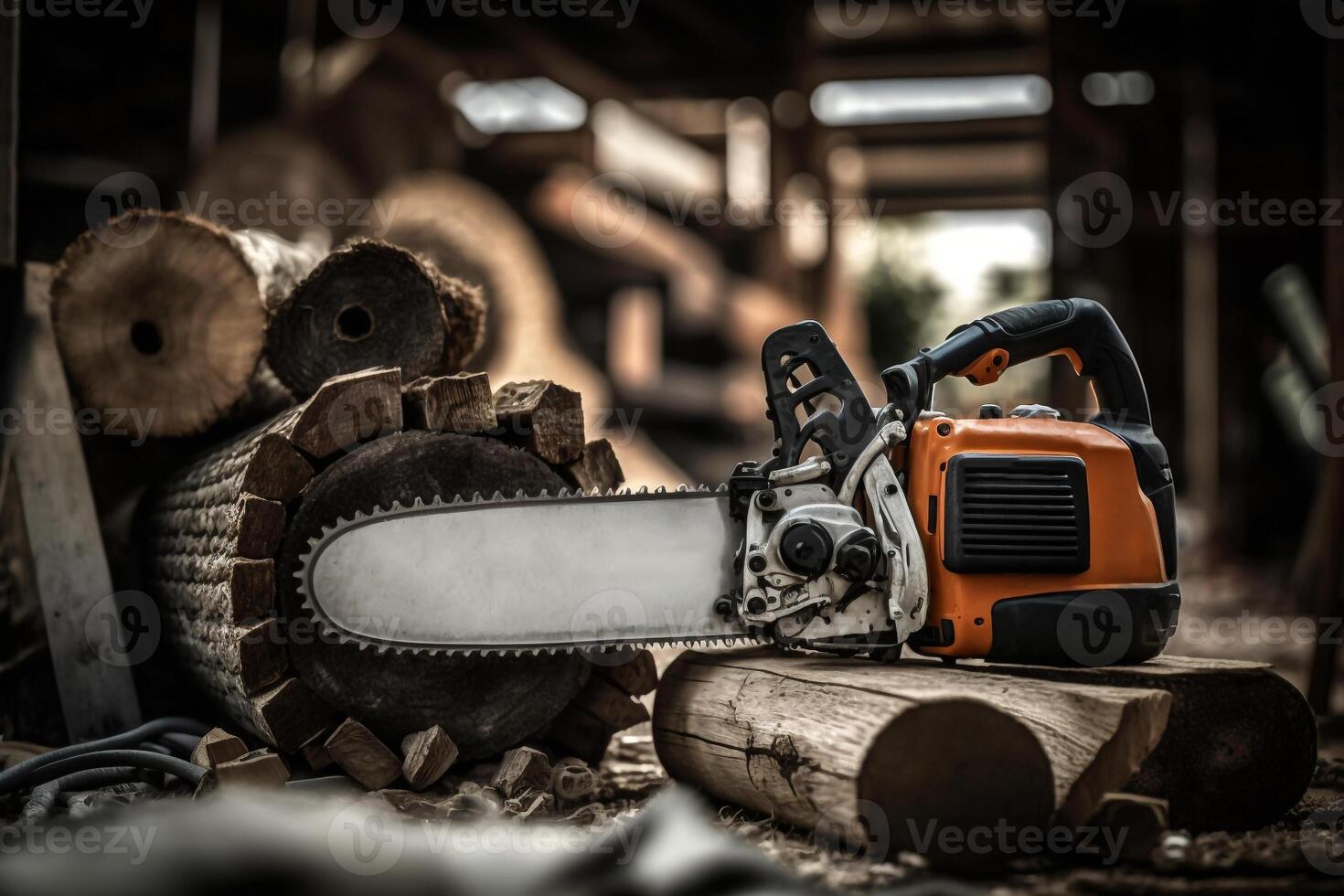 kettingzaag en brandhout, hout snijdend illustratie generatief ai foto