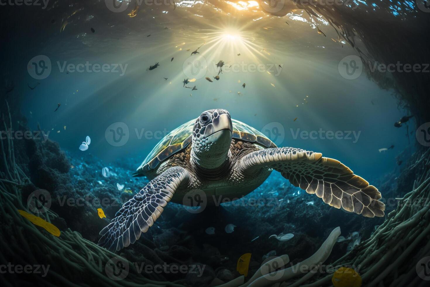 reusachtig zee schildpad zwemt onderwater- generatief ai foto