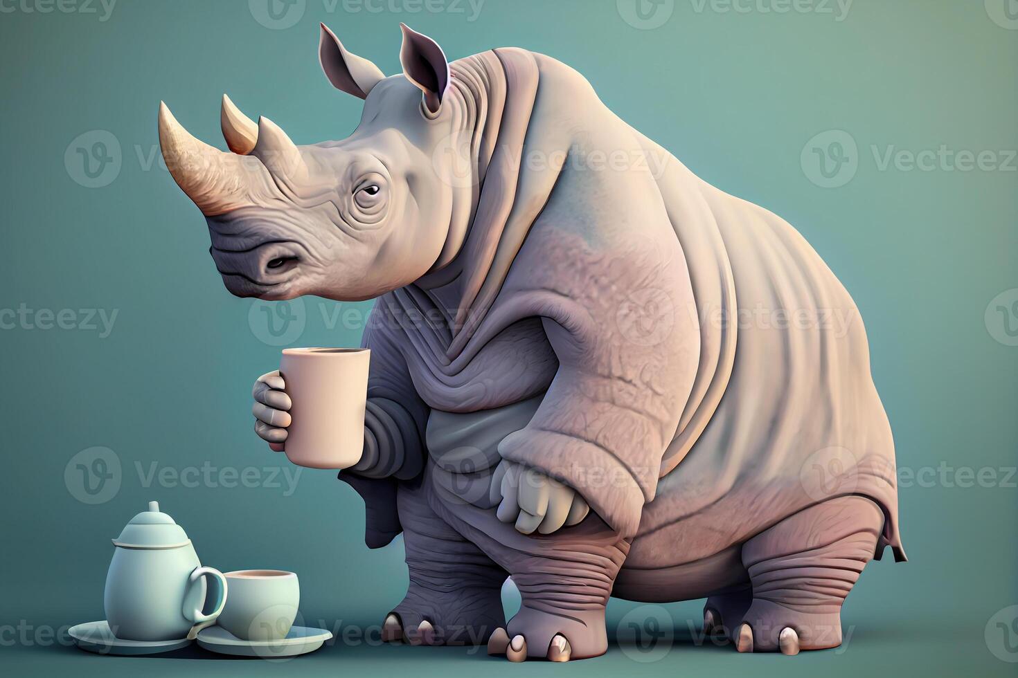 neushoorn met een kop van koffie tekenfilm kunst illustratie generatief ai foto