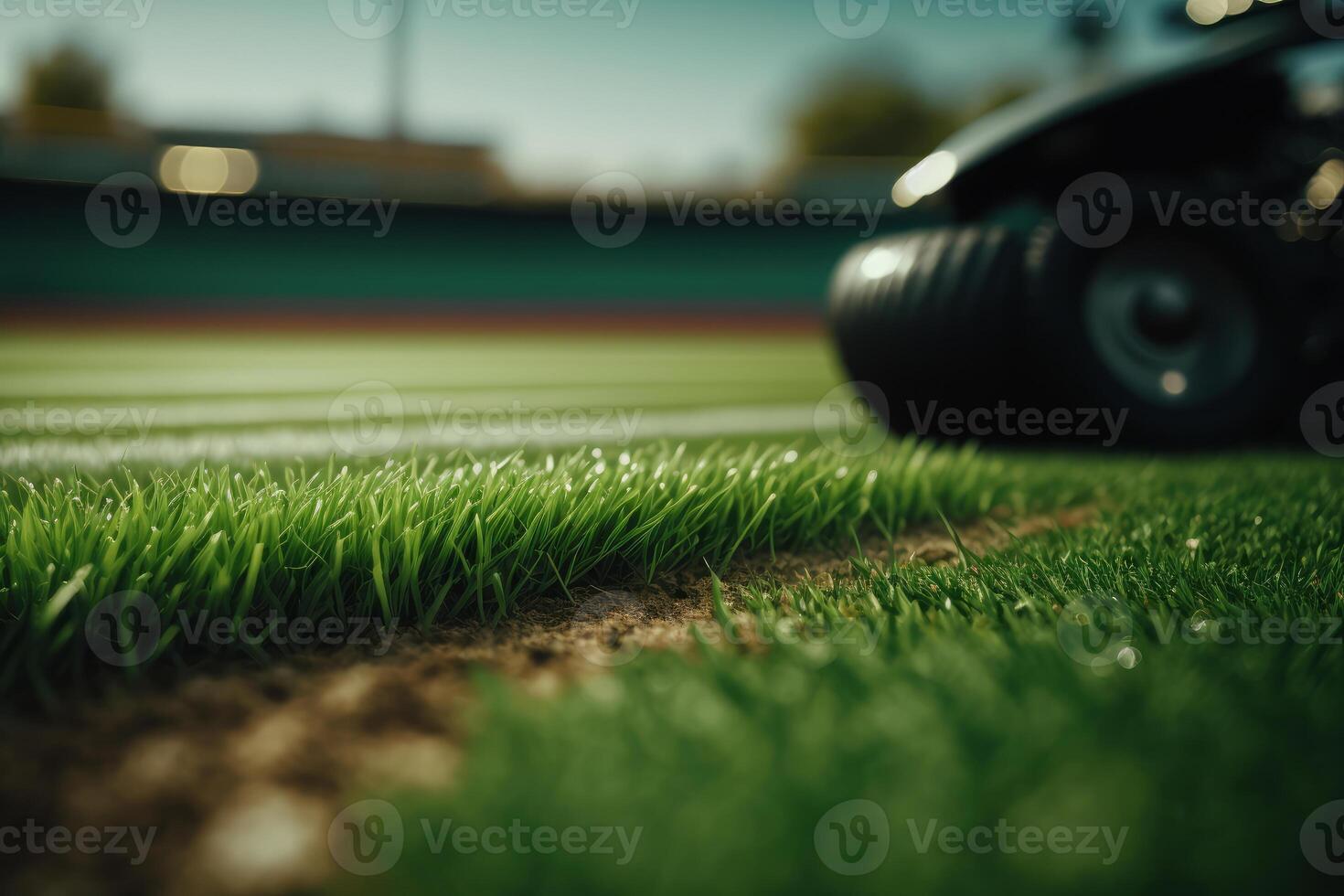 lijnen stadion markeringen Aan de stadion groen gazon generatief ai foto