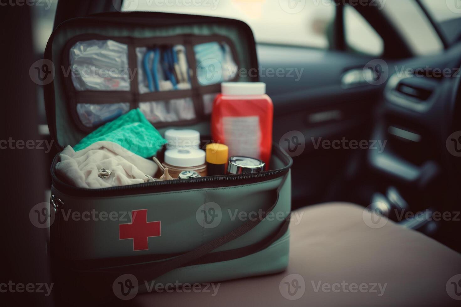 auto eerste steun uitrusting, koffer met medisch benodigdheden illustratie generatief ai foto