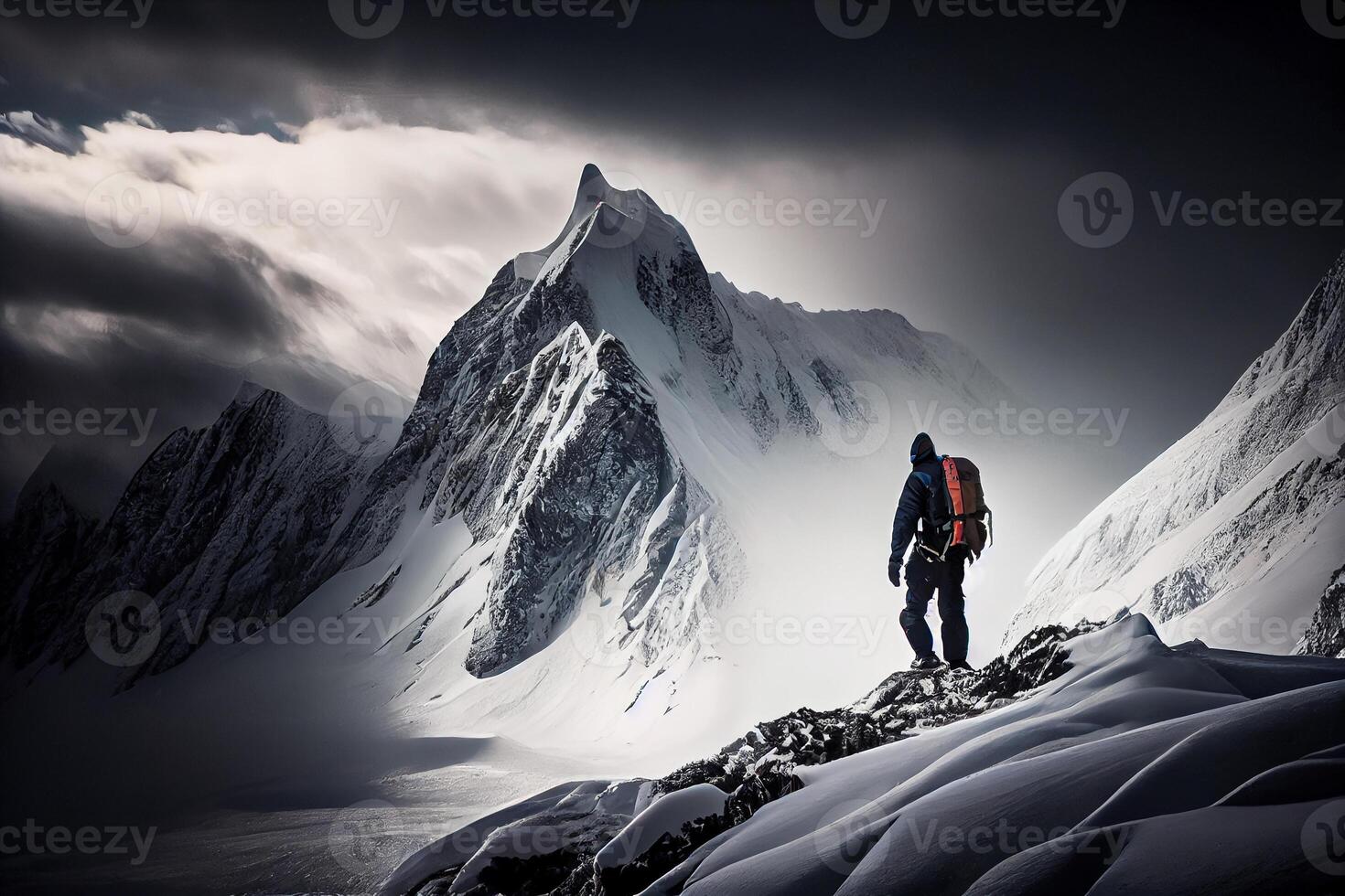 beklimmen Mens klimt besneeuwd berg illustratie generatief ai foto