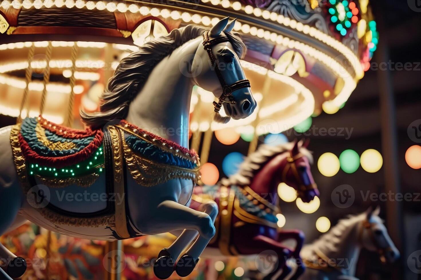 kinderen paard nacht carrousel, buitenshuis attractie in circus generatief ai foto