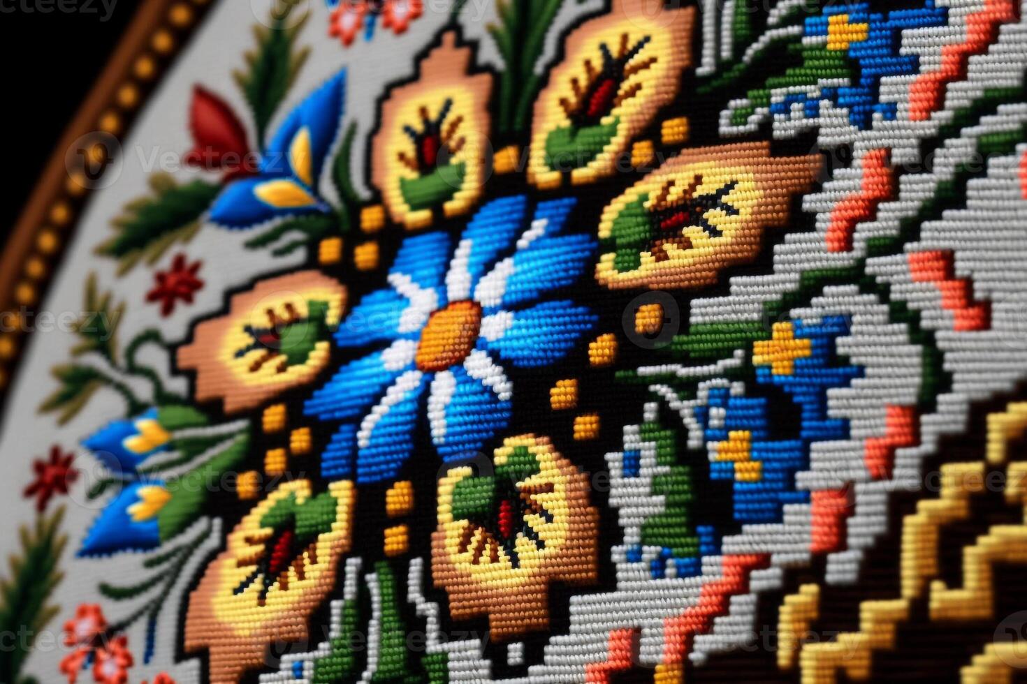 oekraïens vyshyvanka, handgemaakt borduurwerk Aan stoffen met gekleurde patronen generatief ai foto