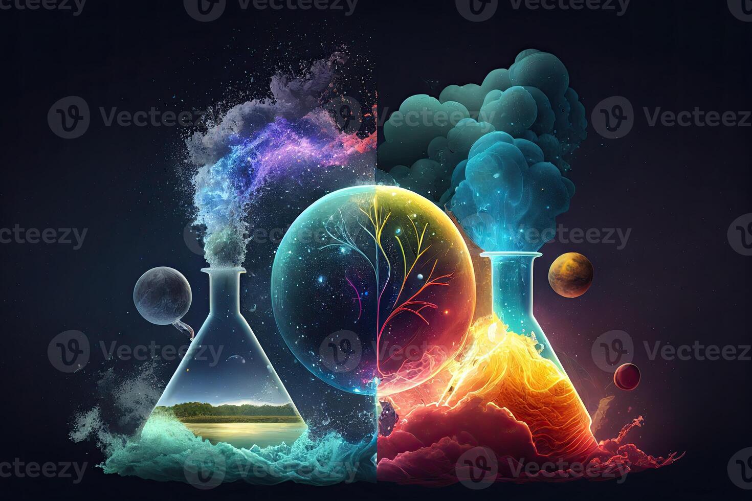 wetenschap achtergrond illustratie, wetenschappelijk ontwerp. kolven, glas en chemie, fysica elementen. generatief ai foto