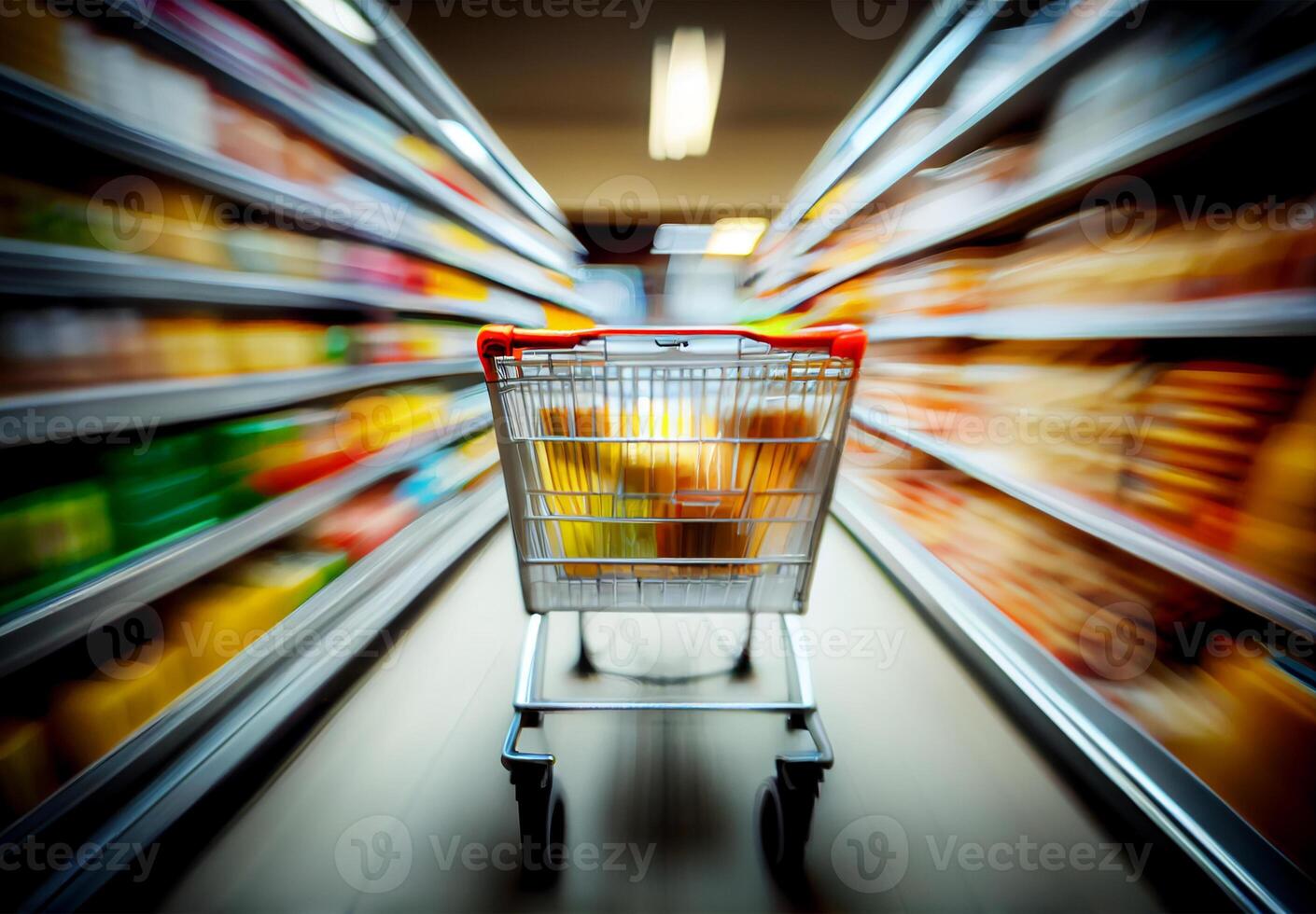 supermarkt kruidenier boodschappen doen kar wazig achtergrond - ai gegenereerd beeld foto