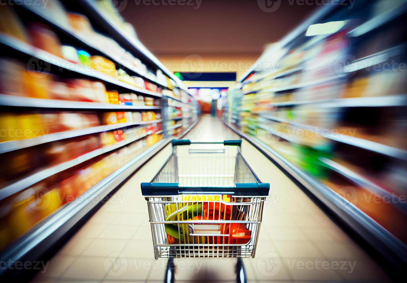 supermarkt kruidenier boodschappen doen kar wazig achtergrond - ai gegenereerd beeld foto