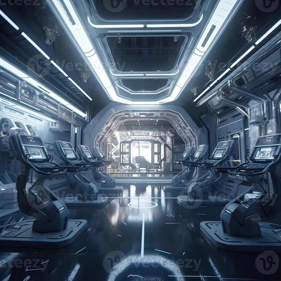 futuristische sci-fi ruimte oorlog schip hangar tunnel gang met reflecterende glas ramen 3d illustratie achtergrond behang. generatief ai foto