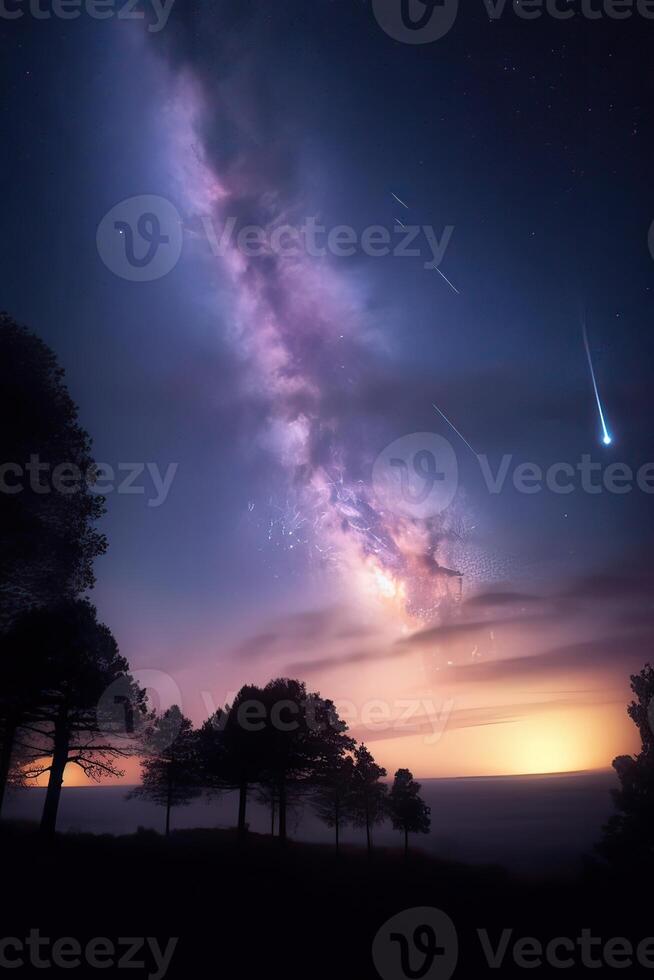 meteoriet in de lucht. een helder meteoor tegen de achtergrond van sterren. een mooi vallend ster. generatief ai. foto