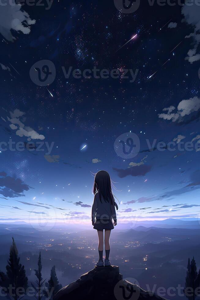 illustratie van een meisje staand over- de stad en op zoek Bij de maan en sterren over- de stad horizon. generatief ai. foto
