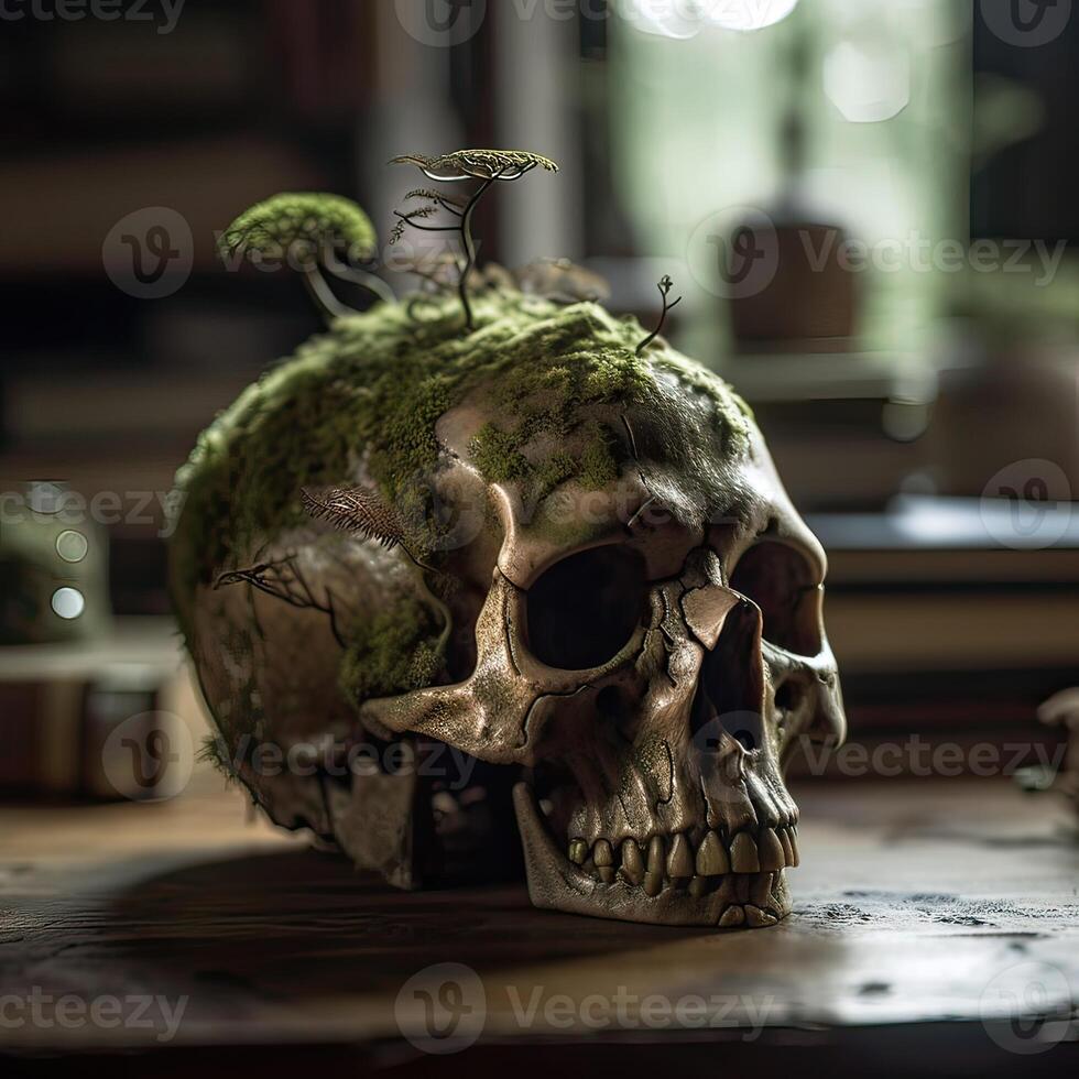 oud schedel Aan tafel. generatief ai. foto