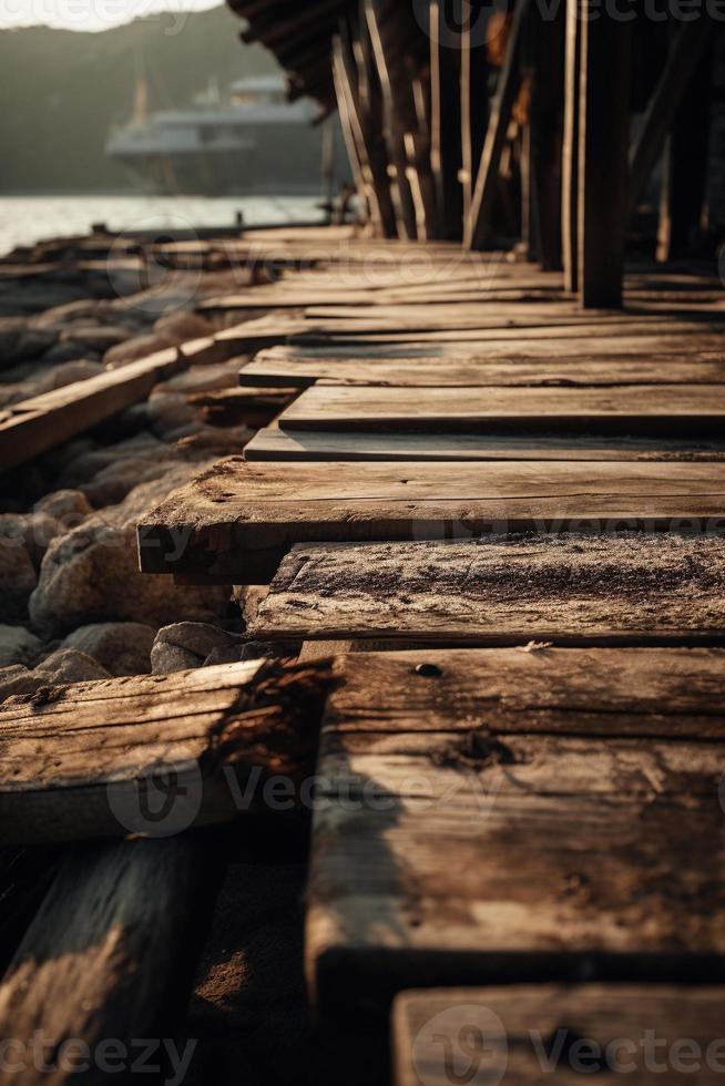 oud houten pier Aan de strand Bij zonsondergang. selectief focus foto