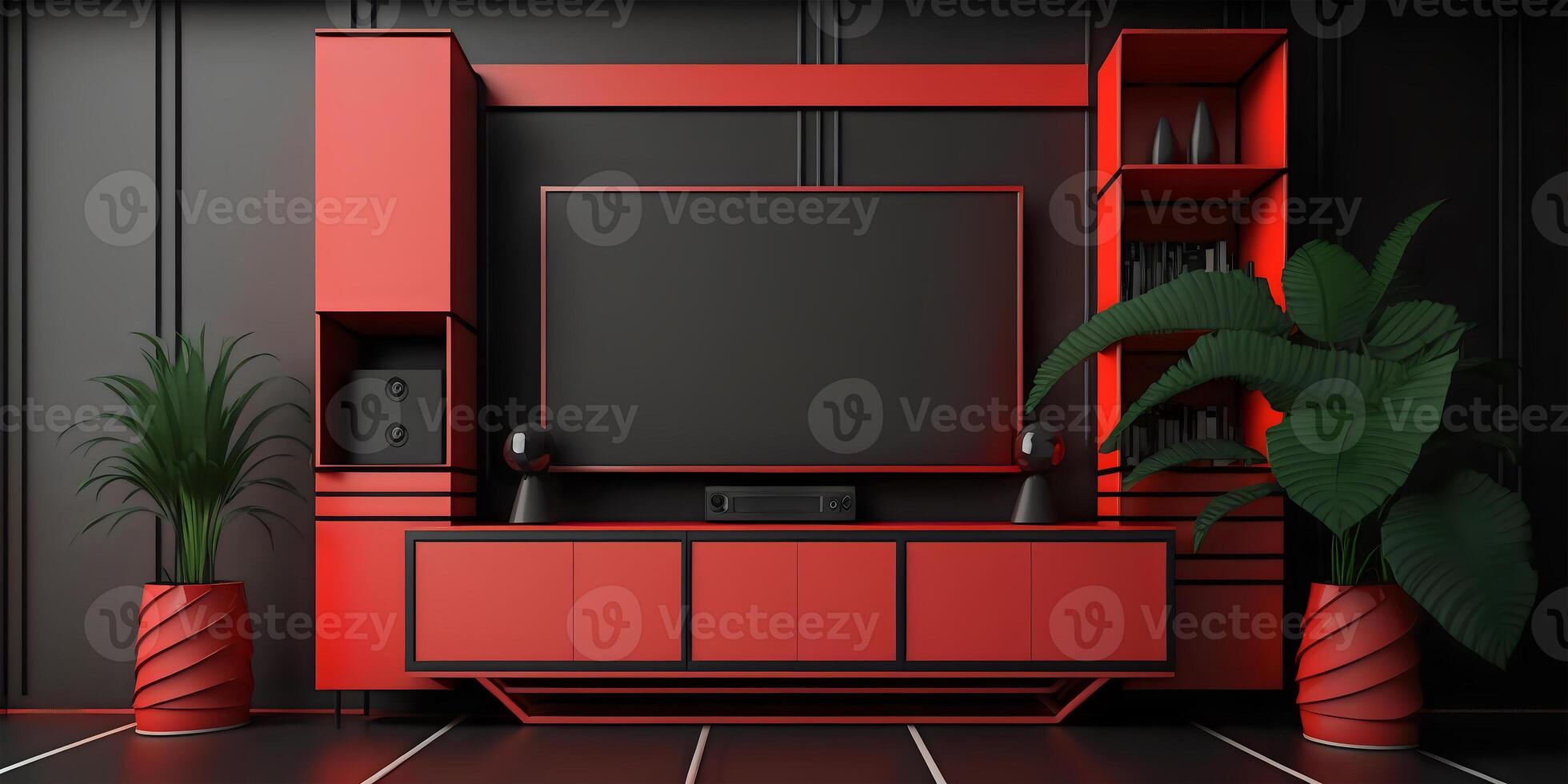 TV kabinet met rood en zwart modern minimaal interieur ontwerp. minimalistische interieur 3d veroorzaken. generatief ai. foto