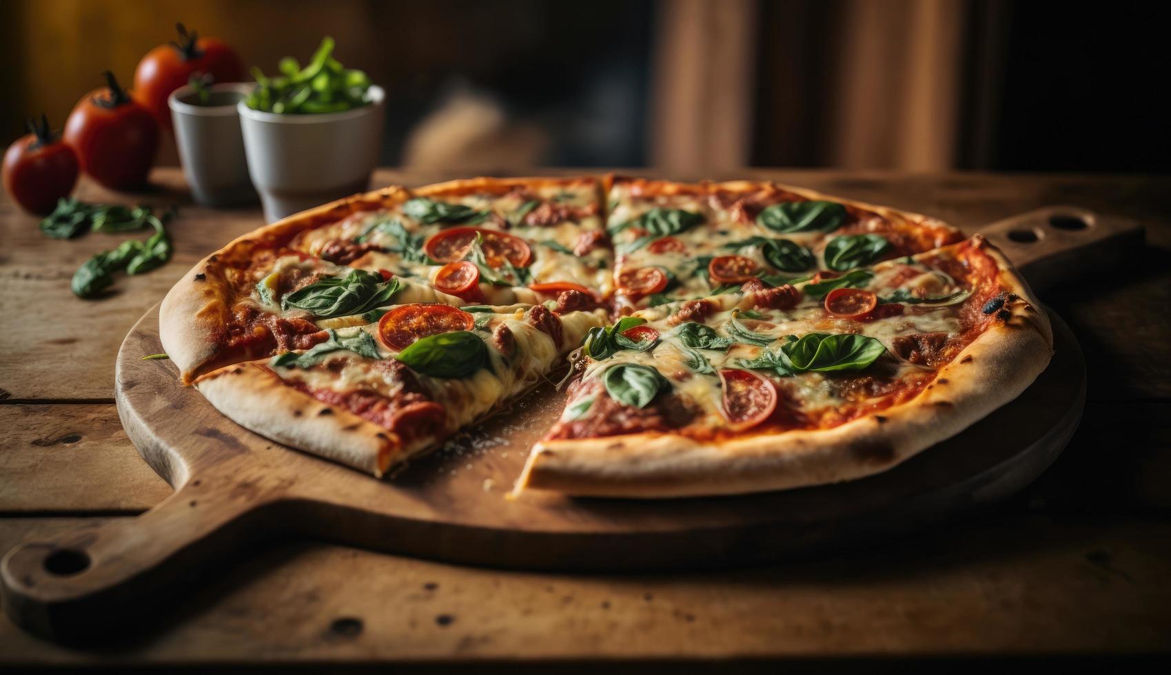 foto van heet vers en heerlijk pizza Aan houten tafel