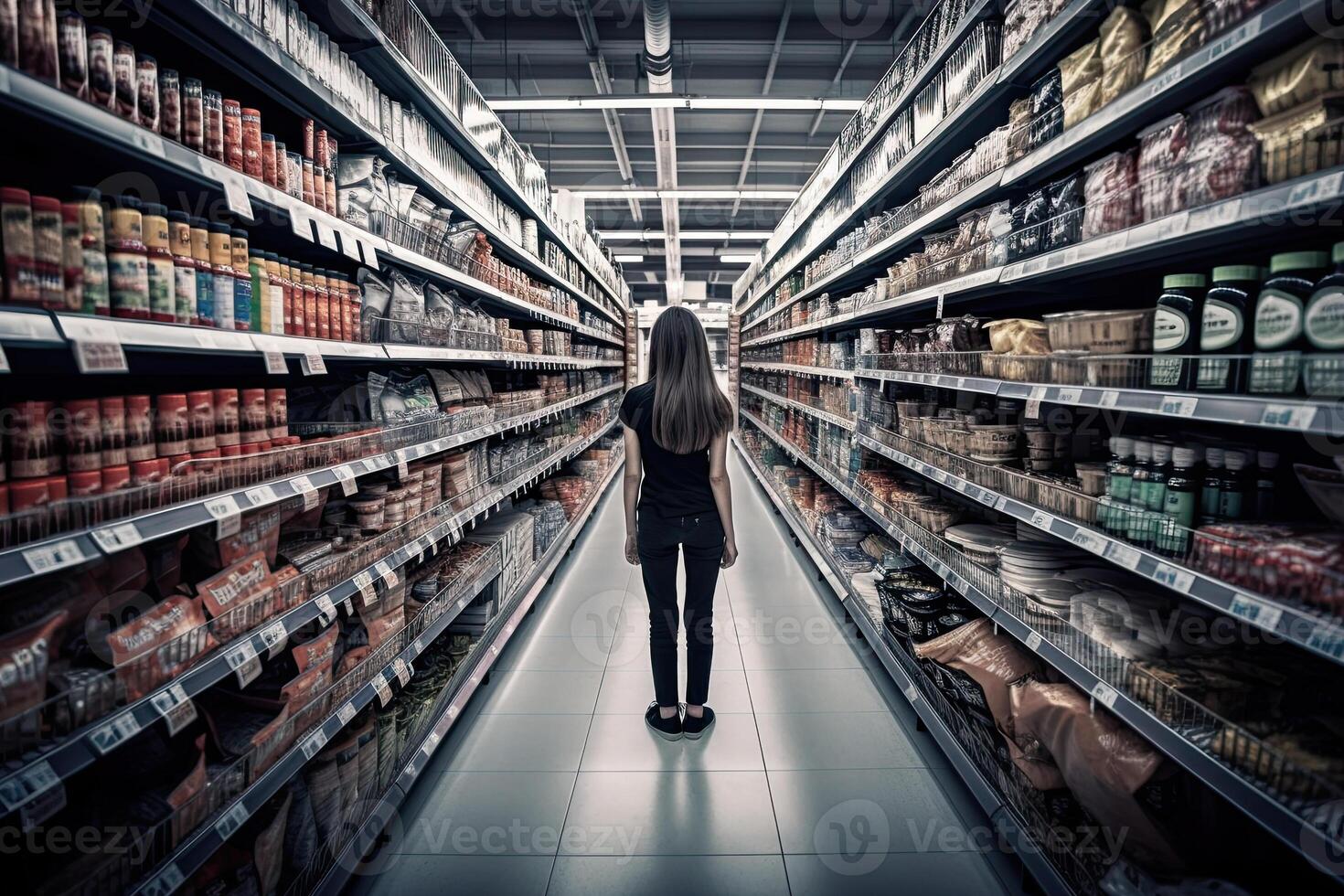 vrouw staand in supermarkt interieur tussen schappen en kiezen producten. gemaakt met generatief ai foto