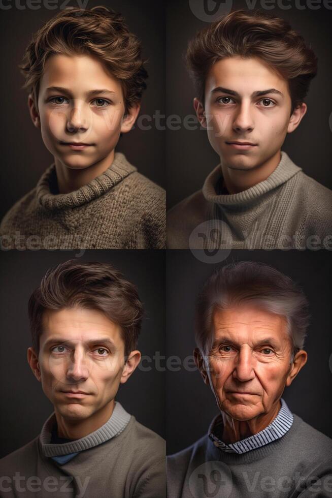 leeftijd progressie van een knap jong Mens door zijn ouder jaren van leven - generatief ai. foto