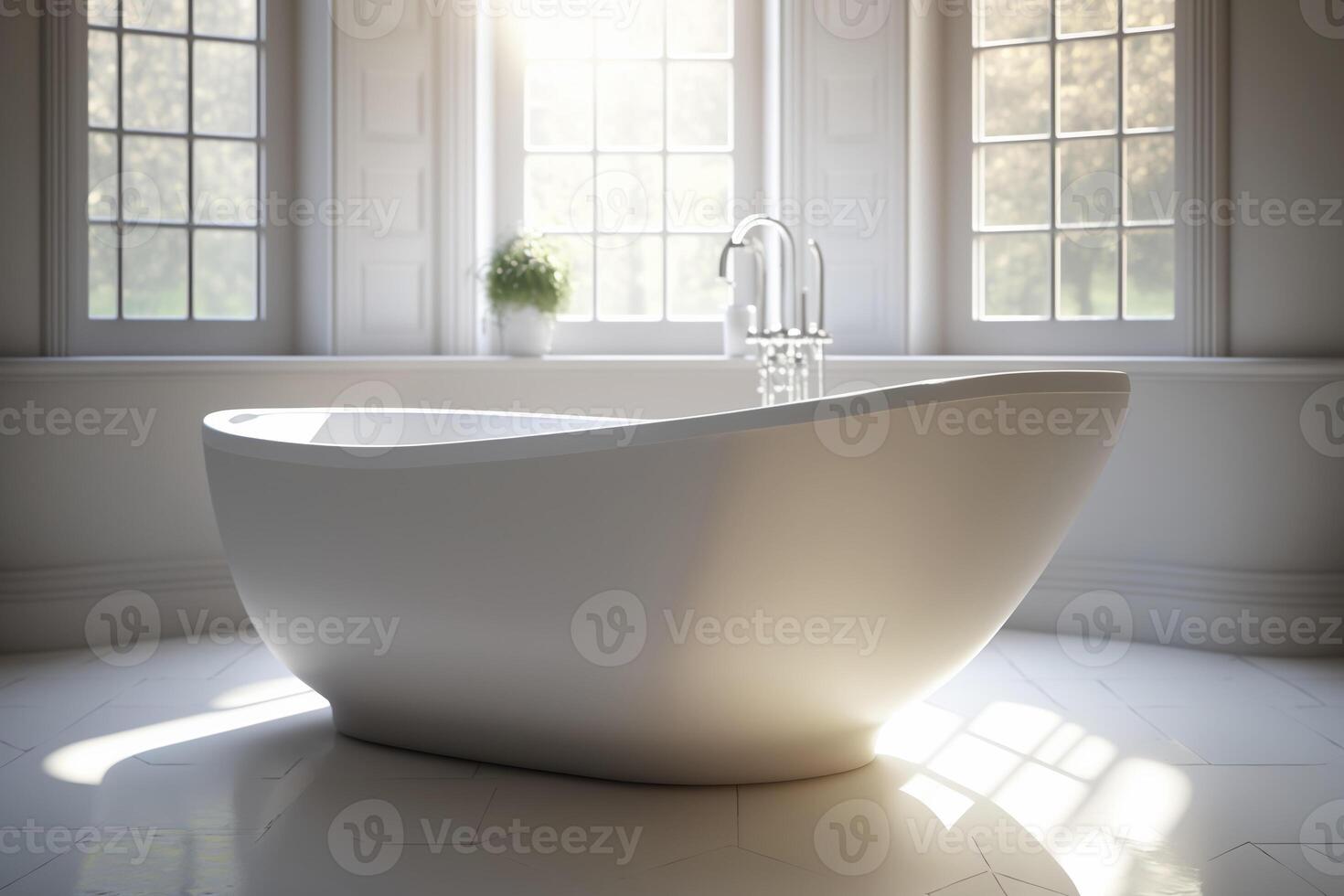 modern klassiek wit bad door de venster Aan een zonnig dag, gemaakt met generatief ai foto