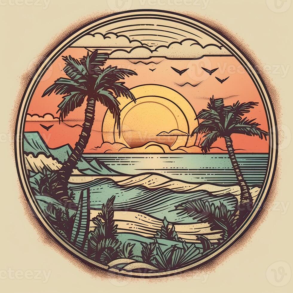 illustratie van tropisch landschap met palm bomen, oceaan en berg. tekenfilm vlak panoramisch landschap, zonsondergang met de palmen kunst retro stijl illustratie. generatief ai. foto