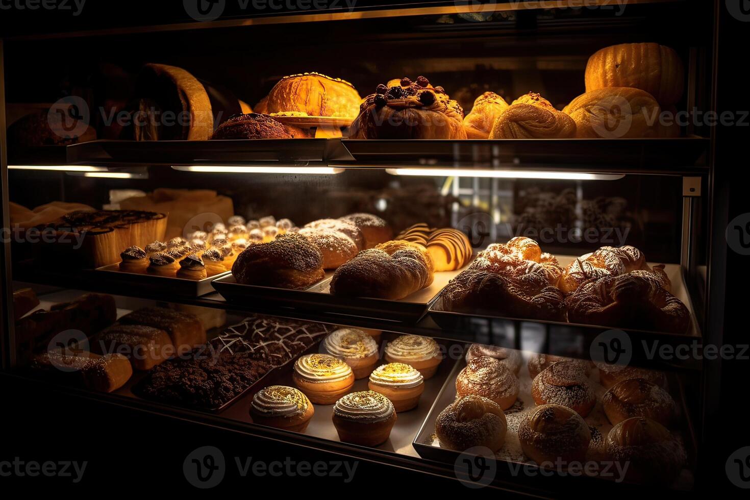 bakkerij interieur met Scherm tellers vol van heerlijk brood en gebakjes. winkel een patisserie of bakkerij met croissants, appel taarten, wafels, en churro's. vers gebakken gebakjes. generatief ai foto