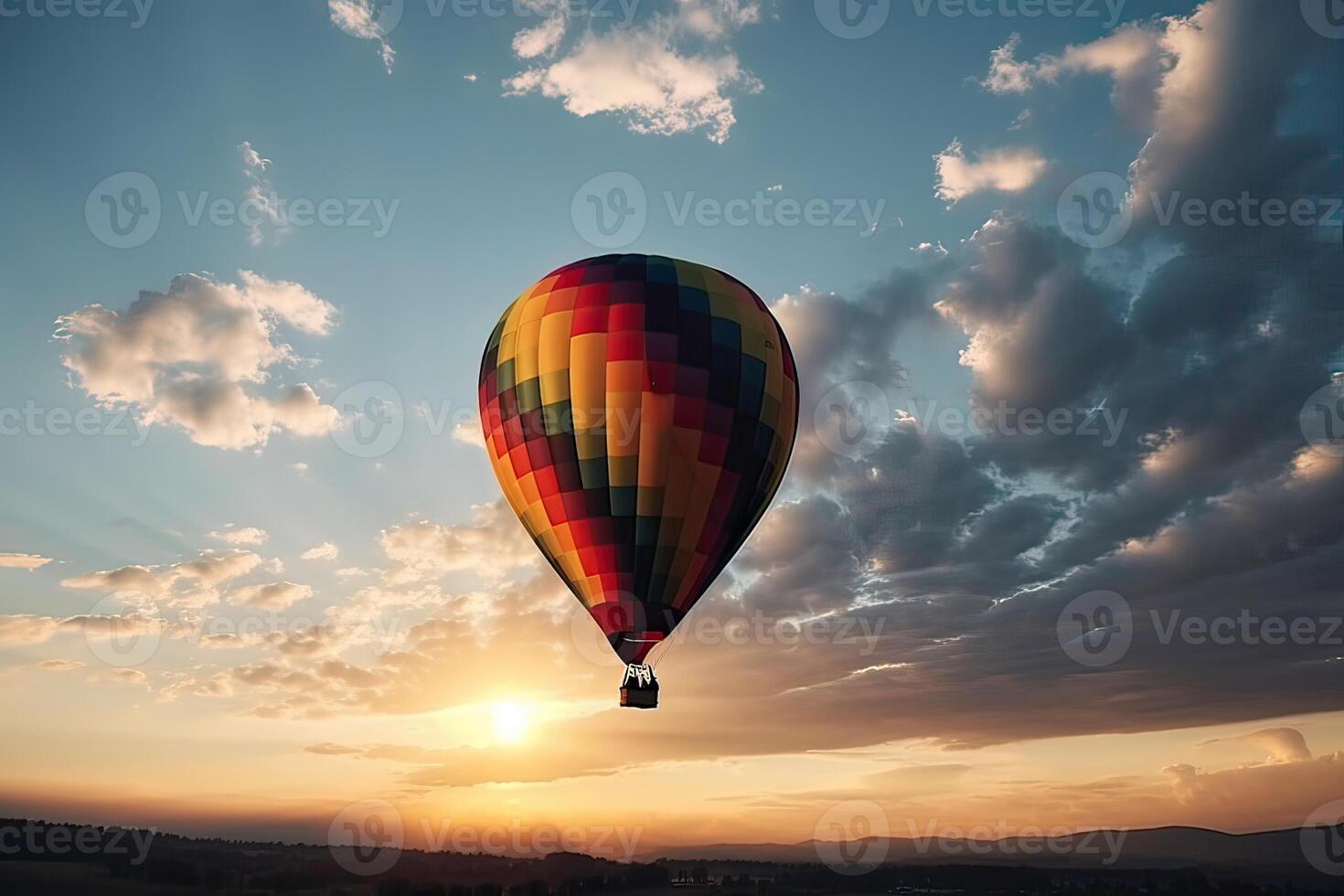 kleurrijk heet lucht ballon vliegend Aan lucht Bij zonsondergang. reizen en lucht vervoer concept. generatief ai. foto